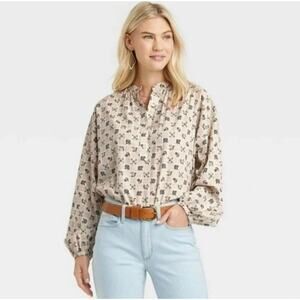 Universal Thread Floral Checkered Print Blouse Relaxed Fit Balloon Sleeve Size S